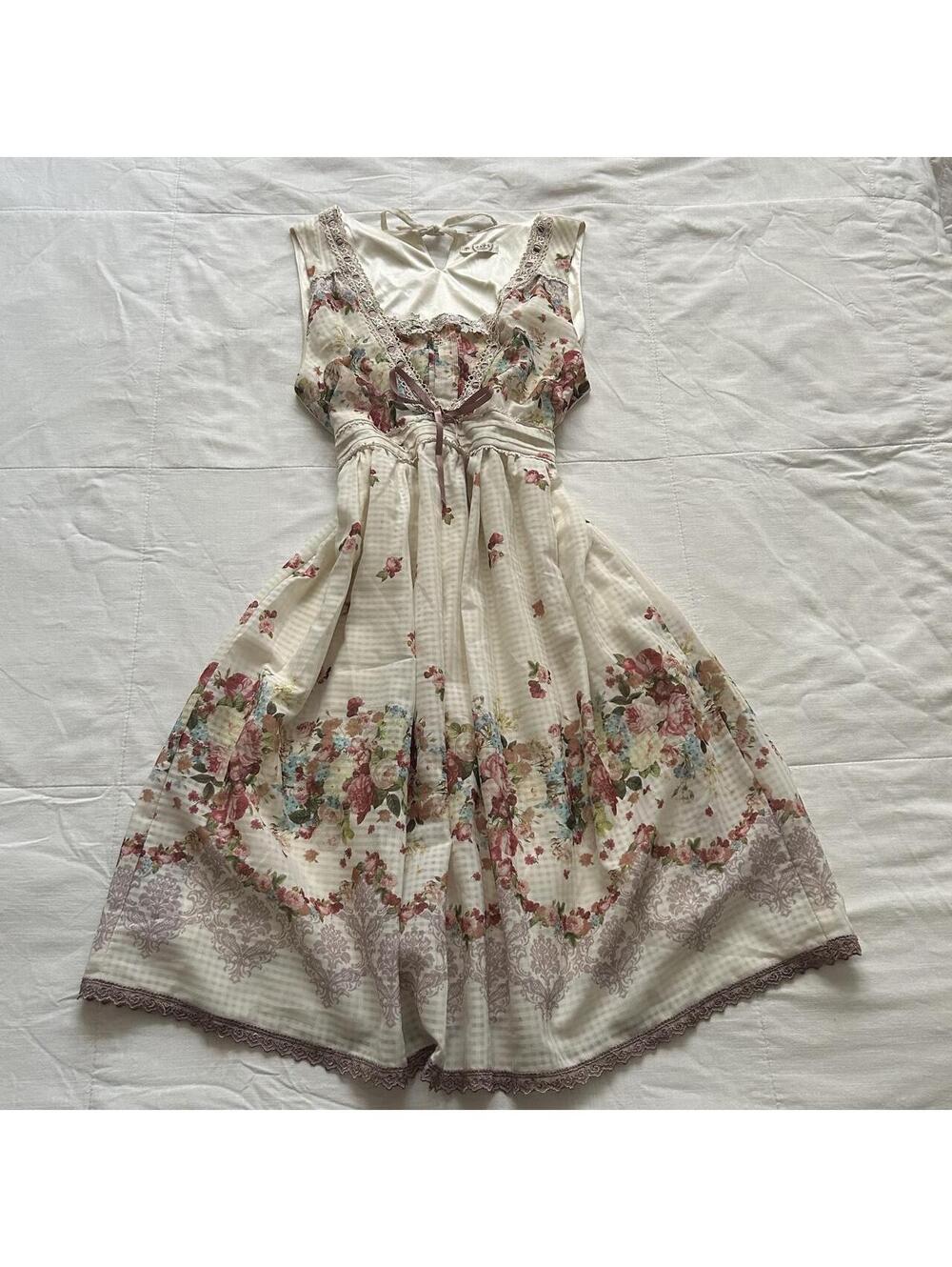 Axes Femme Ivory Rose Floral Lace V Neck Midi Dress Medium Japan